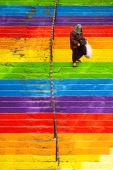 Színes lépcsősor
Egy hölgy sétál le Isztambul Beyoglu kerületében található színes lépcsősoron, amely Huseyin Centinel(64)  nevéhez fűződik, aki a lépcső színesre festésével mosolyt akart csalni az emberek arcára.