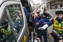 Putler
A Femen aktivistáját elviszik a rendőrök azt követően, hogy az Országház közelében a következőt kiabálta: „Huylo go home!”(Putyin trágár ukrán megfelelője) és „Putler kaputt!" -  2015. február 17-én.