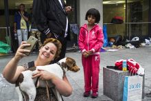Cím nélkül
2015.09.05., Budapest, Baross tér. Pesti járókelő szelfizik kutyája és egy menekült kislány társaságában. 